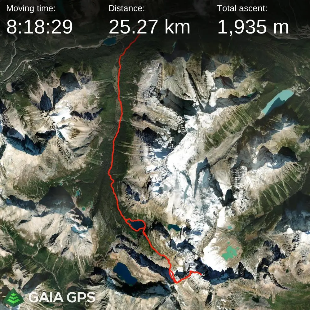 GPS satellite map of the Hungabee Mountain approach route showing a 25.27 km round trip with 1,935 meters of elevation gain over 8 hours of moving time.