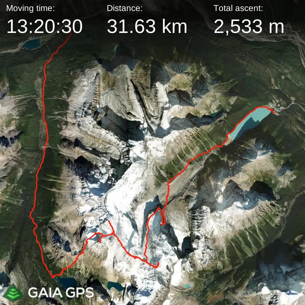 GPS satellite map of a linkup route of Mount Lefory, Mount Victoria South, and Mount Huber, involving 31.63 kilometers of distance and 2533 meters of elevation gain to get done as a point to point form Lake Louise to the Lake O'Hara lot.