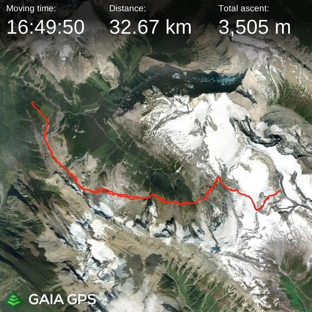 Satellite GPS map of the route up Mount Alexandra involving 32.67 kilometers in distance and 3505 meters in elevation gain.