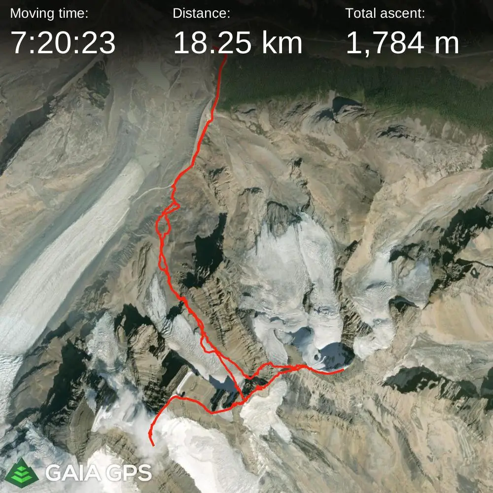 GPS satellite map of the route up Mount Andromeda and Mount Athabasca involving 18.25 kilometers in distance and 1784 meters in elevation gain.