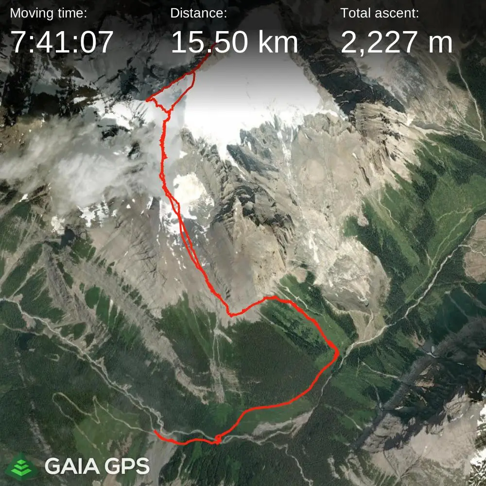 Satellite route map of the Mount Bryce Main & Center ascent showing a 15.5 km round trip with 2,227 meters of elevation gain, starting from the end of Rice Brook FSR and ascending via glacier and ridge terrain.