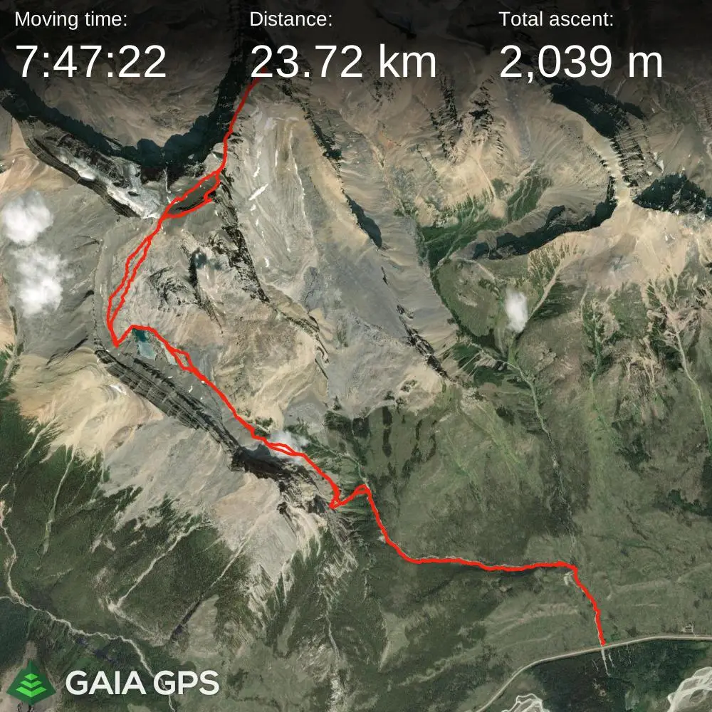 Satellite map of the Mount Cline route near Saskatchewan Crossing showing a 23.72 km loop with 2,039 meters of elevation gain, tracked using GAIA GPS