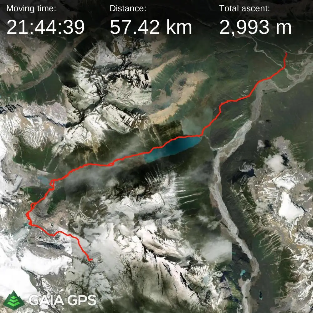GPS satellite map of the route up Mount Forbes involving 57.42 kilometers in distance and 2993 meters in elevation gain.