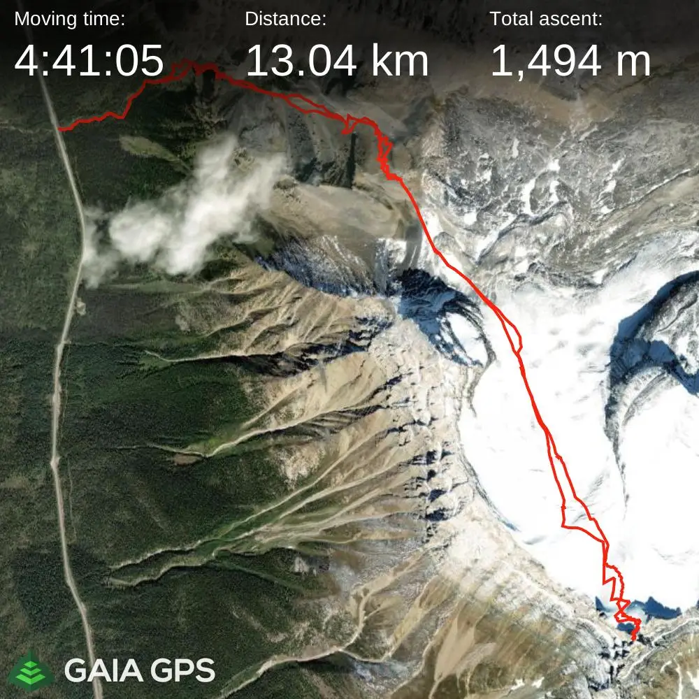 Satellite map showing ski ascent route of Mount Hector from the highway with 13.04 km distance and 1,494 meters of ascent, generated using Gaia GPS