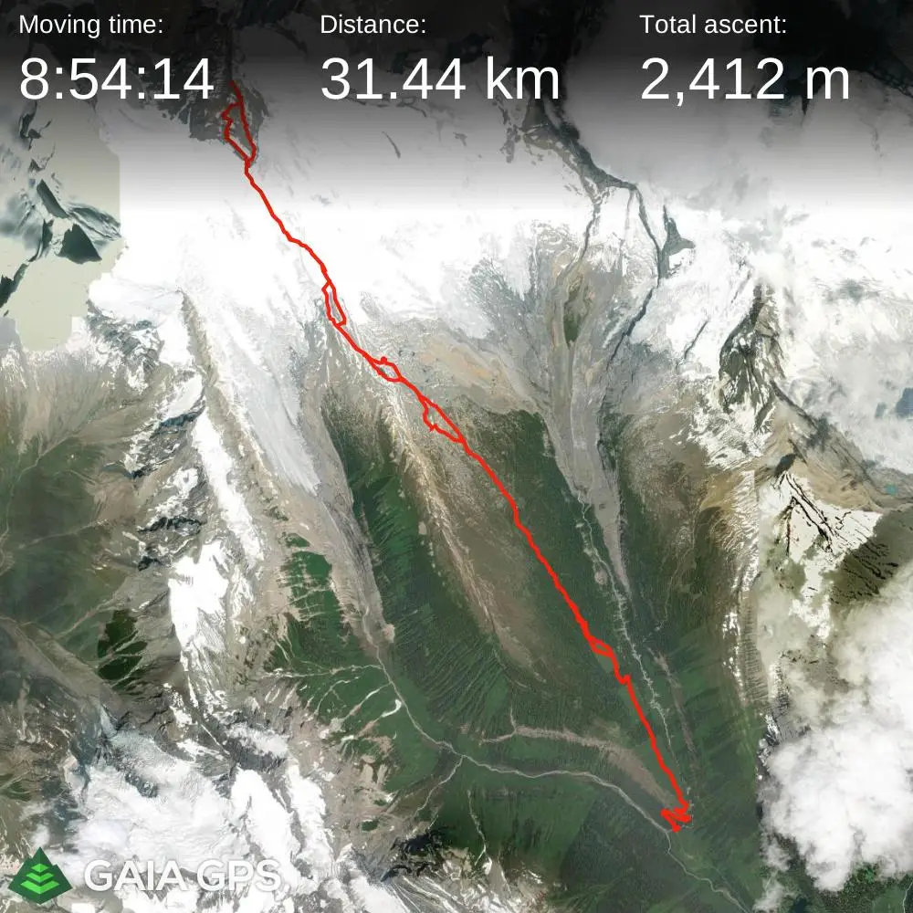Satellite map showing the 31.44 km round-trip route to Mount King Edward from the Bush River FSR, with 2,412 meters of total ascent, tracked using Gaia GPS.