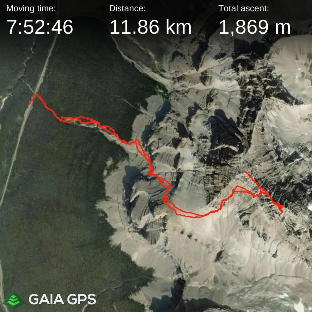 A GPS satellite map of the route up Mount Murchison involving 11.86 kilometers of distance and 1869 meters of elevation gain.