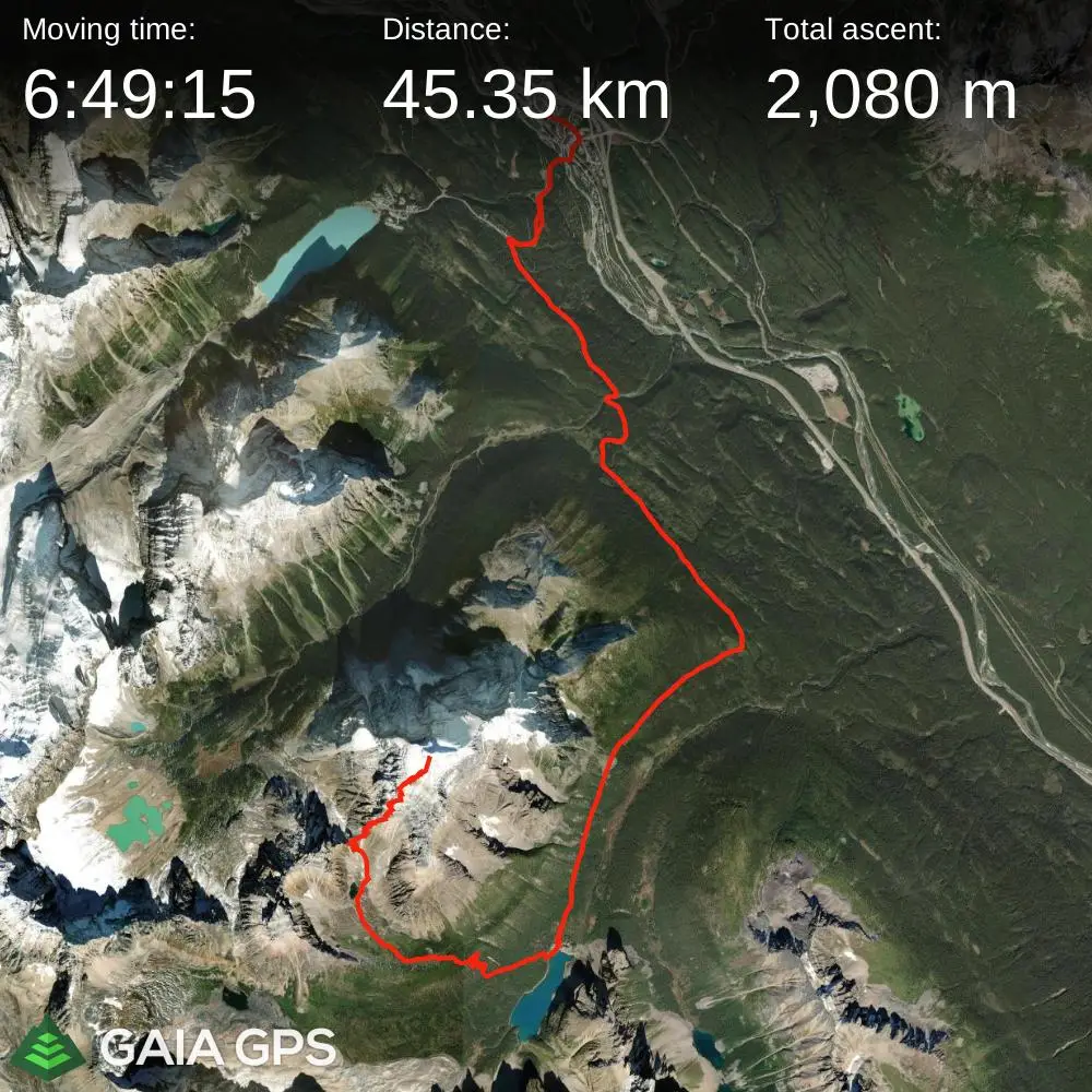 Topographic map with GPS route from Lake Louise to Mount Temple showing 45.35 km distance, 2080 m elevation gain, and total moving time of 6 hours 49 minutes