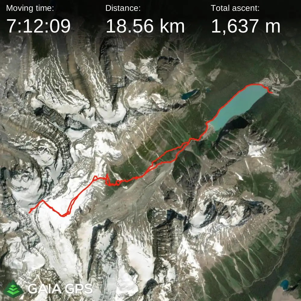 A satellite GPS map of the route up Mount Victoria North involving 18.56 kilometers of distance and 1637 meters of elevation gain.