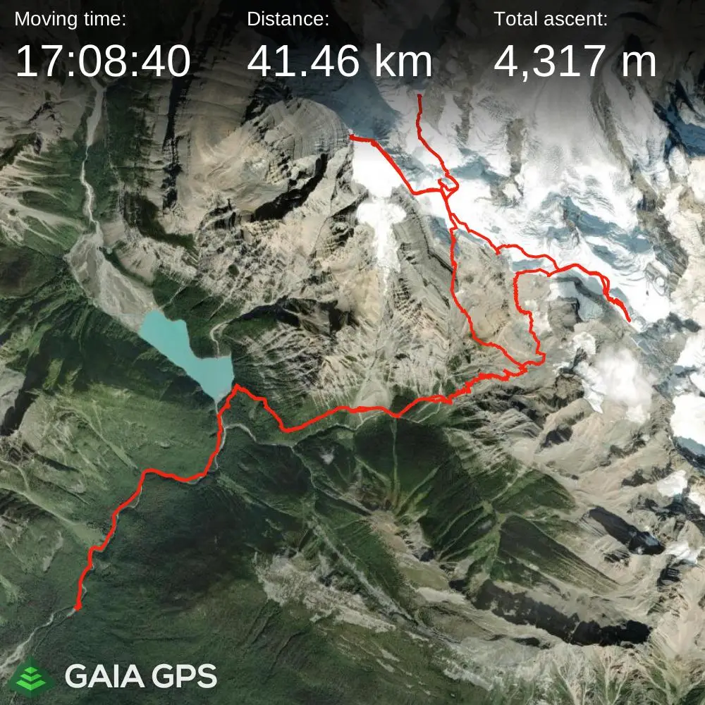 GPS satellite map of the Mount Robson, The Helmet, and Resplendent Mountain linkup route involving 41.46 kilometers in distance and 4317 meters in elevation gain.