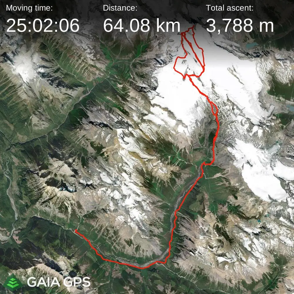 Satellite map of The Lyells mountaineering route showing 64.08 km distance, 3,788 m of total ascent, and over 25 hours of moving time, with the full glacier approach and summit traverses plotted in red.