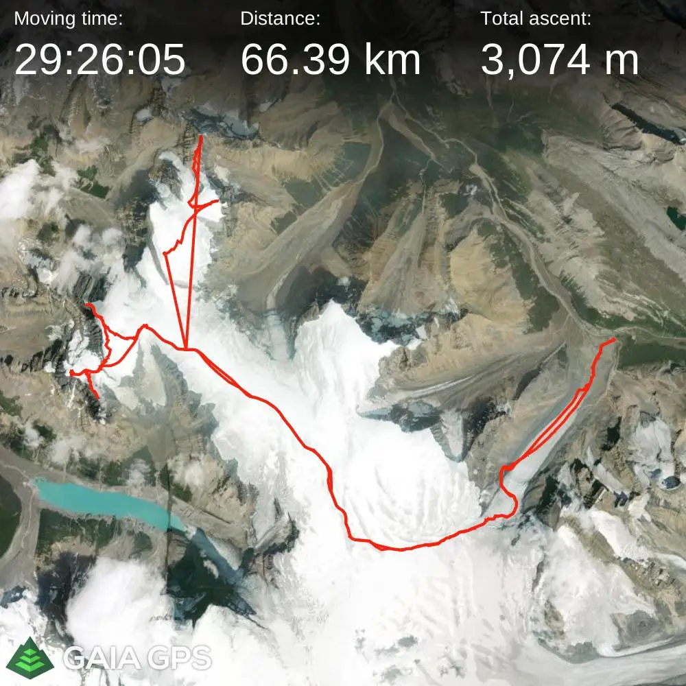 Satellite map showing the 66.39 km route across the Columbia Icefield covering ascents of The Twins, Stutfields, and Mount Cromwell, with 3,074 meters of total elevation gain over three days.