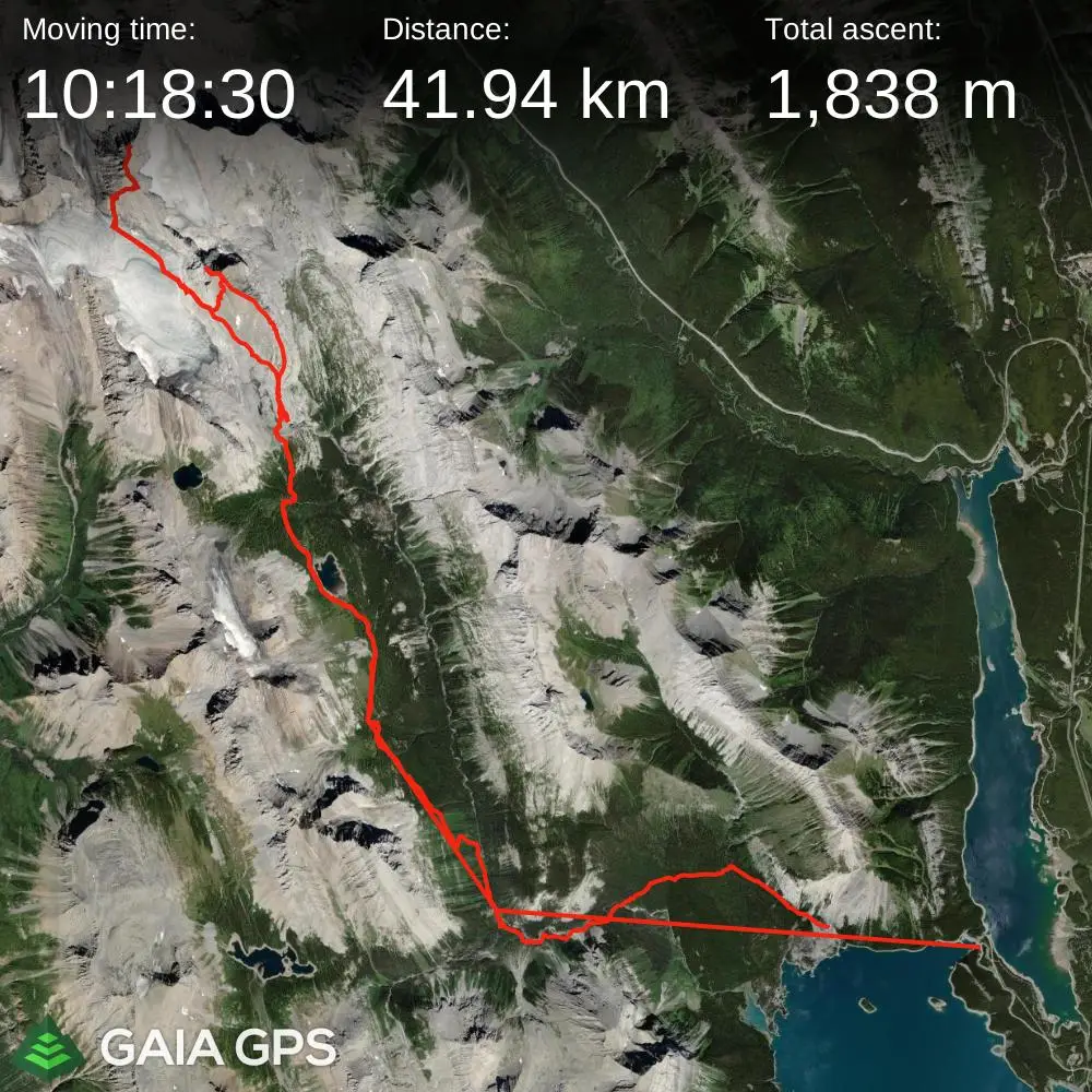 GPS satellite map of the Mount French route from the Kananaskis Lakes involving 41.94 kilometers of distance and 1838 meters of elevation gain.