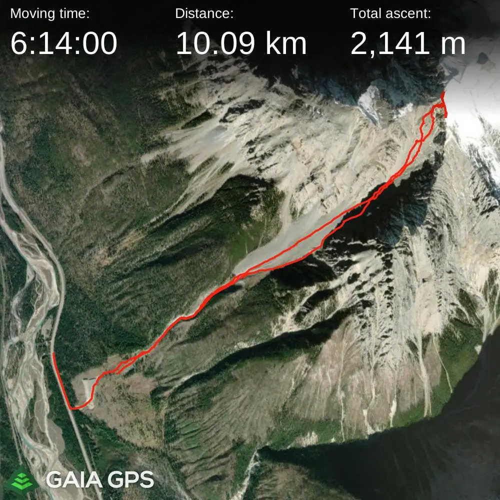GPS satellite map of the route up Mount Vaux involving 10.09 kilometers in distance and 2141 in elevation gain making for a steep climb!