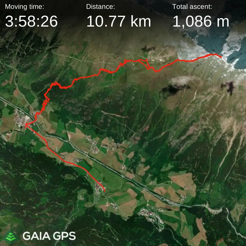 GPS satellite map of the Wetterspitze or Cima del Tempo route involving 10.77 kilometers in distance and 1086 meters in elevation gain.