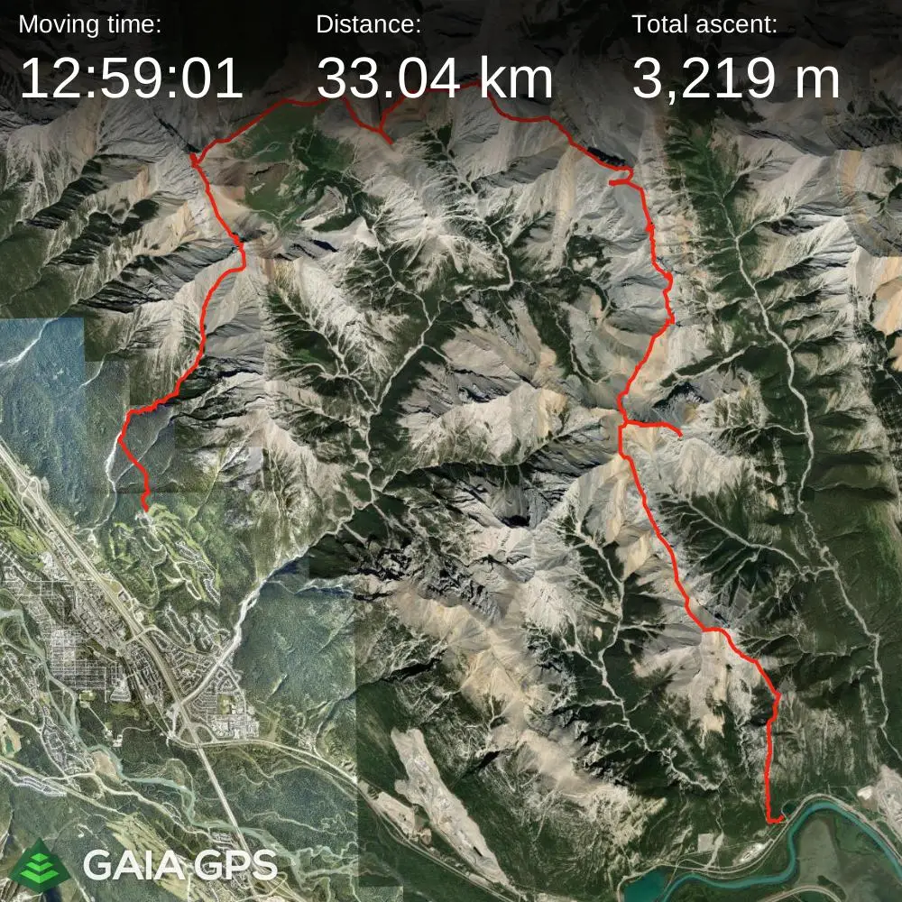 GPS satellite map of the Anklebreaker Traverse route from Anklebiter Reaching Ridge all the way to Mount Charles Stewart South involving 33.04km in distance and 3219 meters in elevation gain.