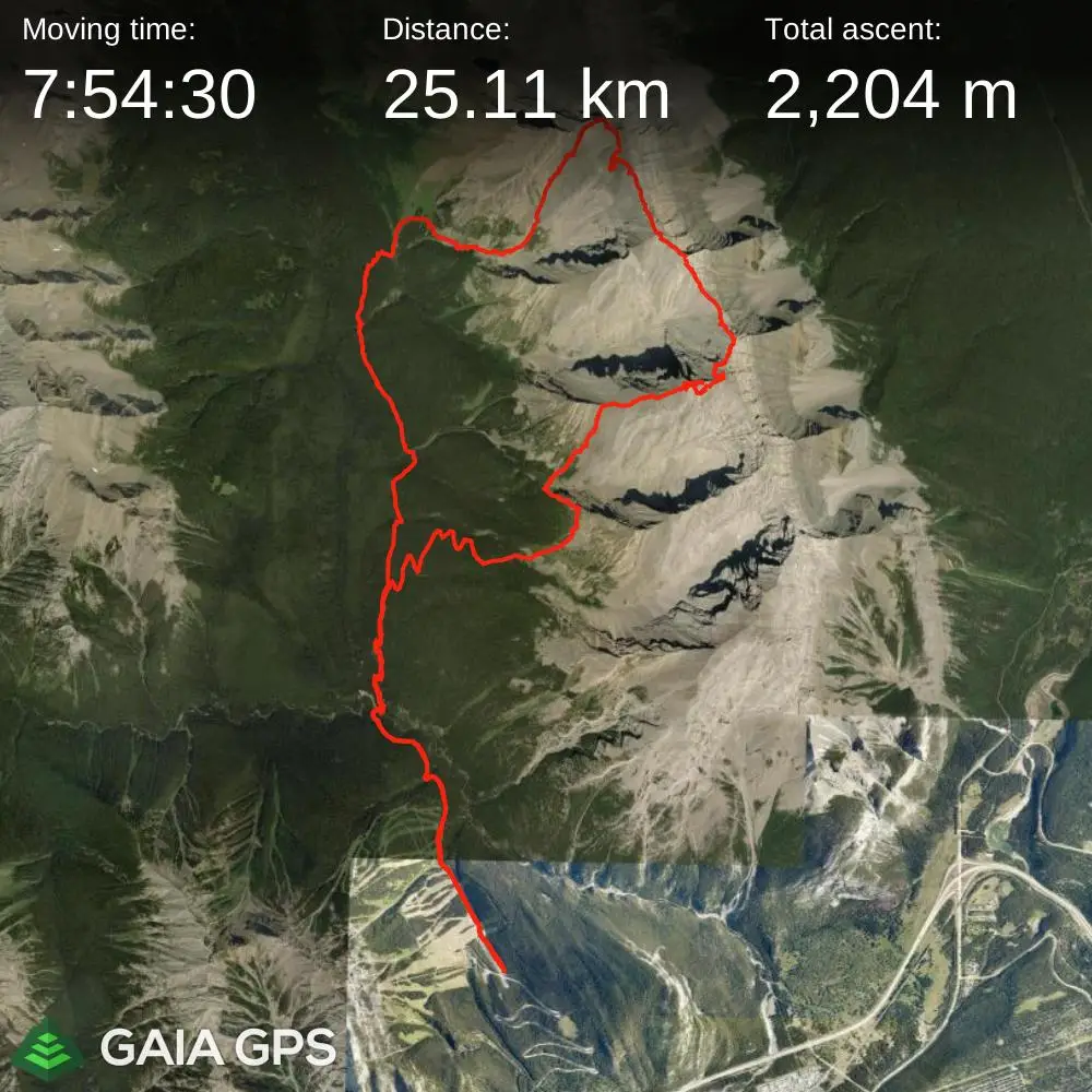 Gaia GPS route map of the Cascade Traverse showing a 25.11 km alpine loop with 2,204 m of elevation gain over Cascade Mountain and surrounding ridgelines near Banff.