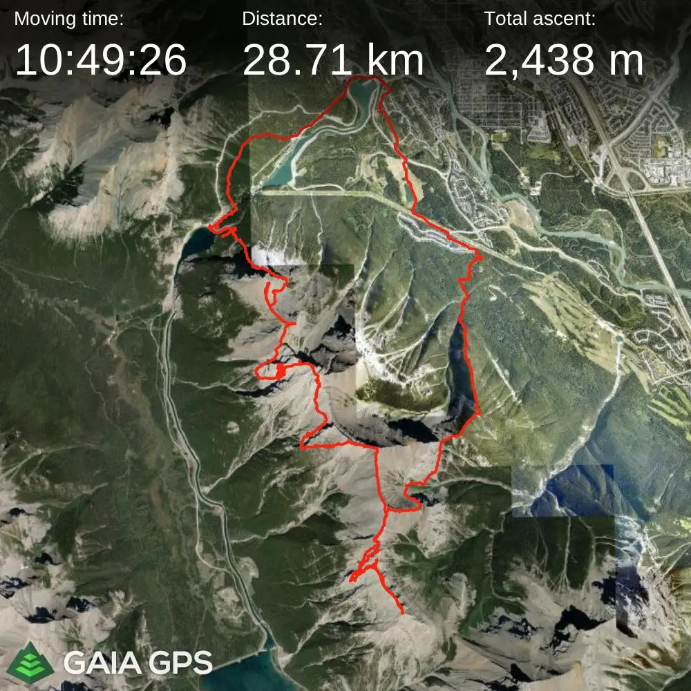 GPS satellite map of the Ehagay Nakoda Traverse route involving 28.71 kilometers in distance and 2438 meters in elevation gain.