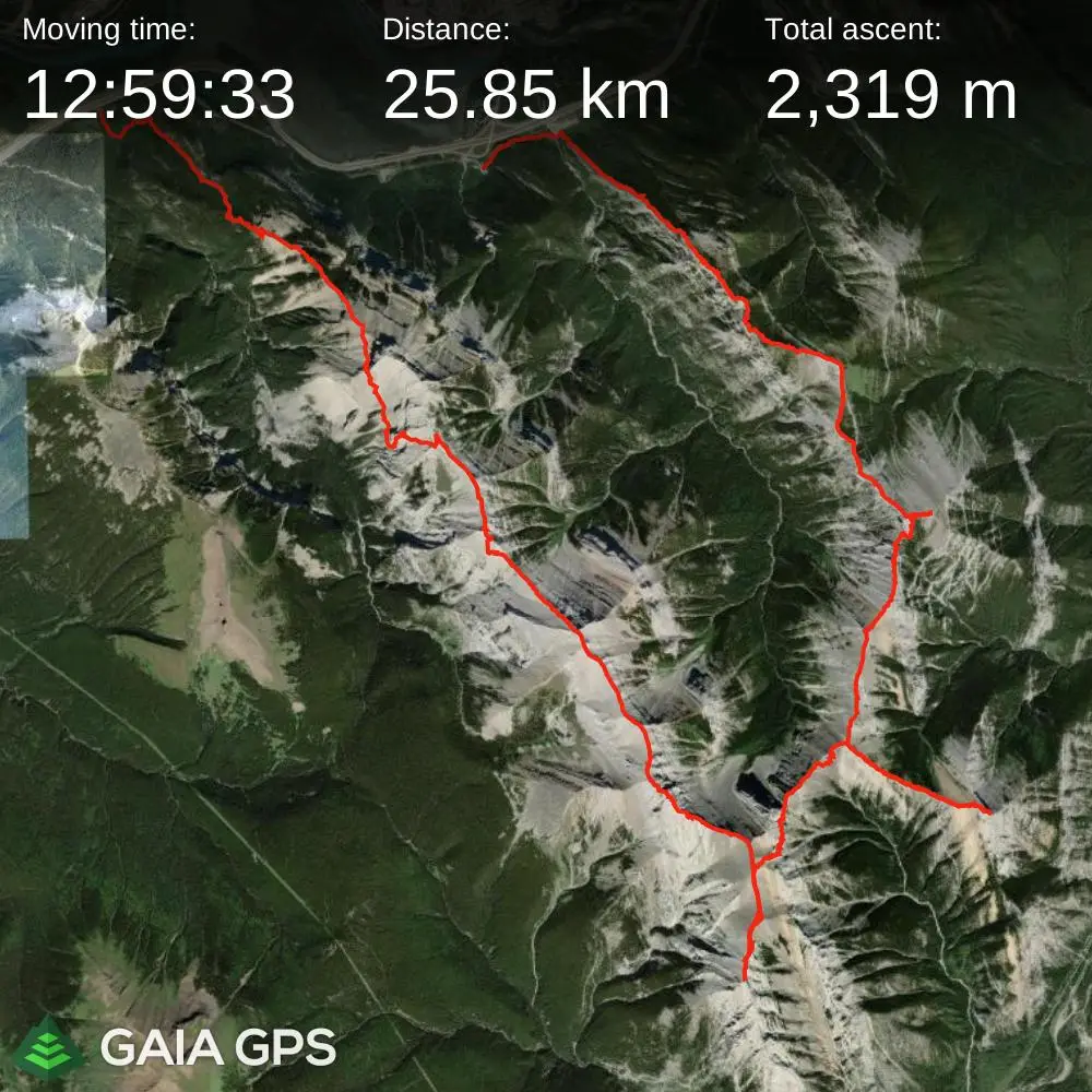 GPS satellite map of the Heart to McGillivray Traverse route involving 25.85 kilometers in distance and 2319 meters of elevation gain.