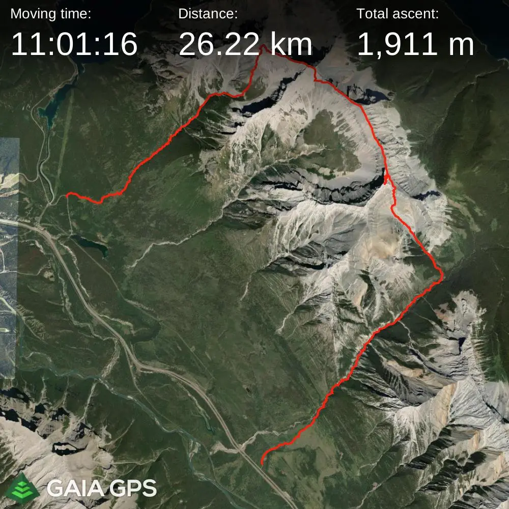Gaia GPS route map of the Inglismaldie to Peechee Traverse showing a 26.22 km alpine link-up with 1,911 m of elevation gain across Mount Inglismaldie, Mount Girouard, and Mount Peechee.