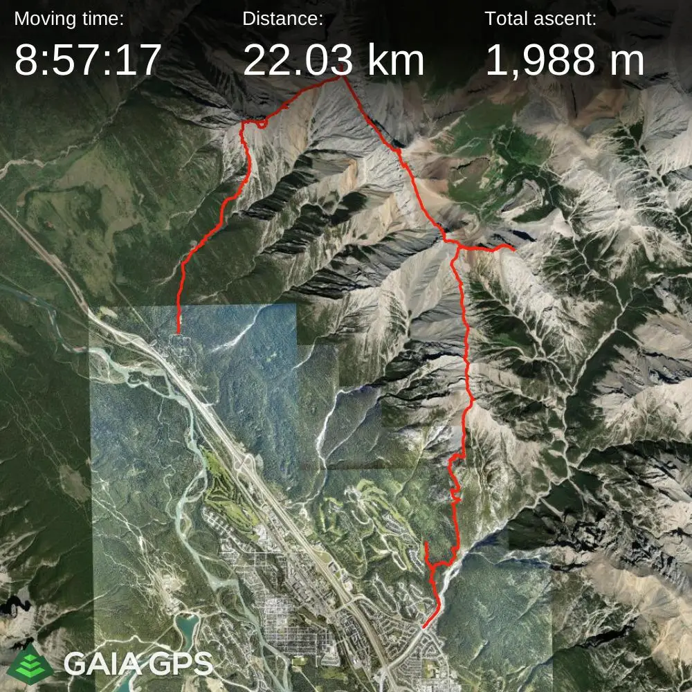 GPS satellite map of the Mount Lady MacDonald to Princess Margaret Mountain Traverse involving 22.03 kilometers in distance and 1988 meters in elevation gain.