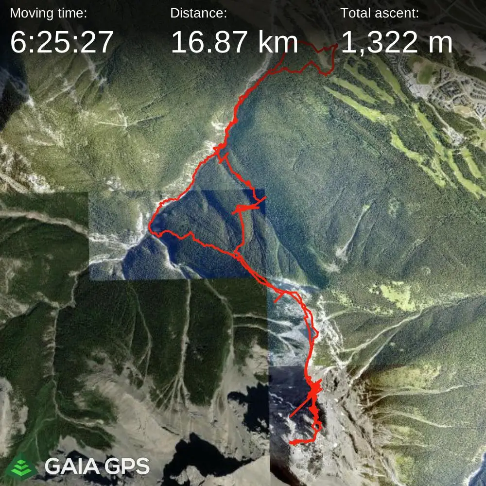 GPS satellite map of the Little Sister map showing 16.87km in dsitance and 1322m of elevation gain.