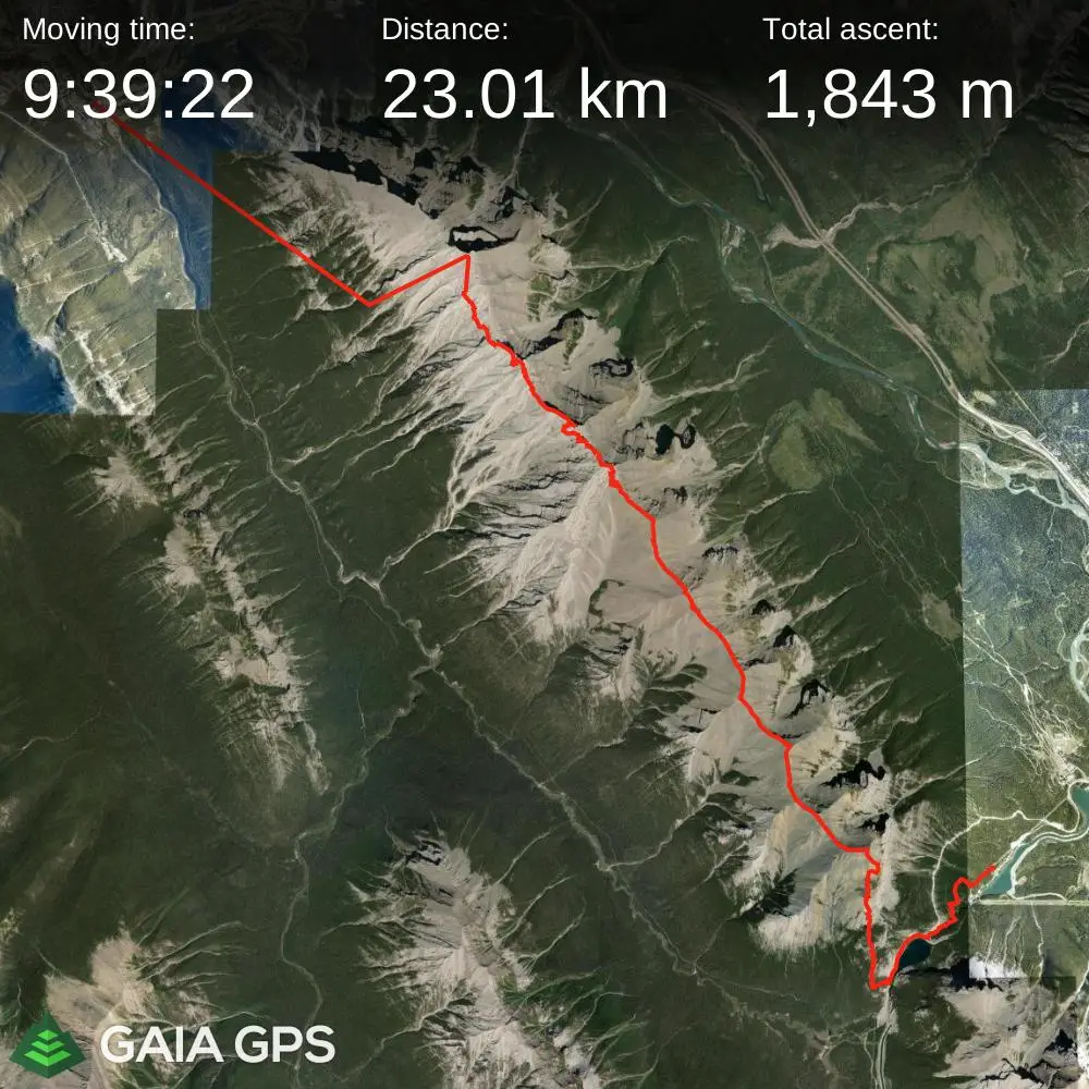 GPS satellite map of the Rundle Traverse route, involving 23.01 kilometers in distance and 1843 meters of elevation gain.