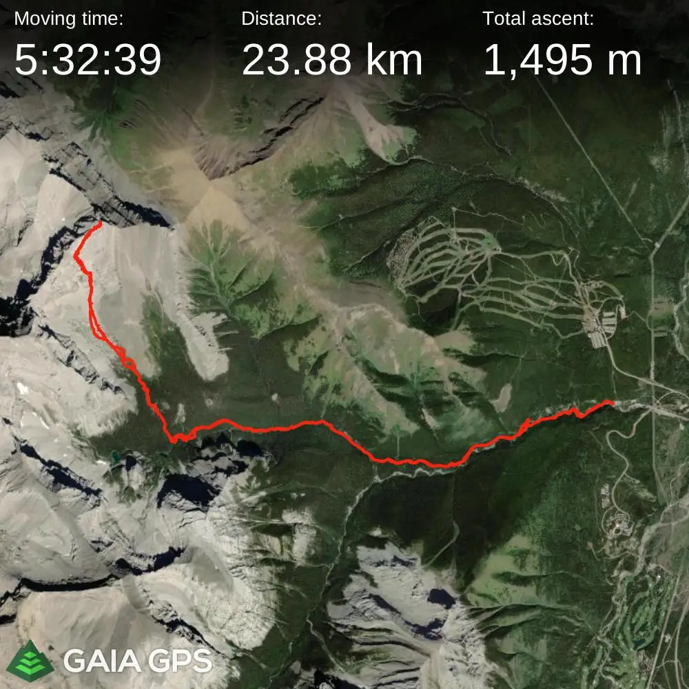 Gaia GPS map showing the 23.88 km route to Wind Mountain with 1,495 m of elevation gain, highlighting the long approach.
